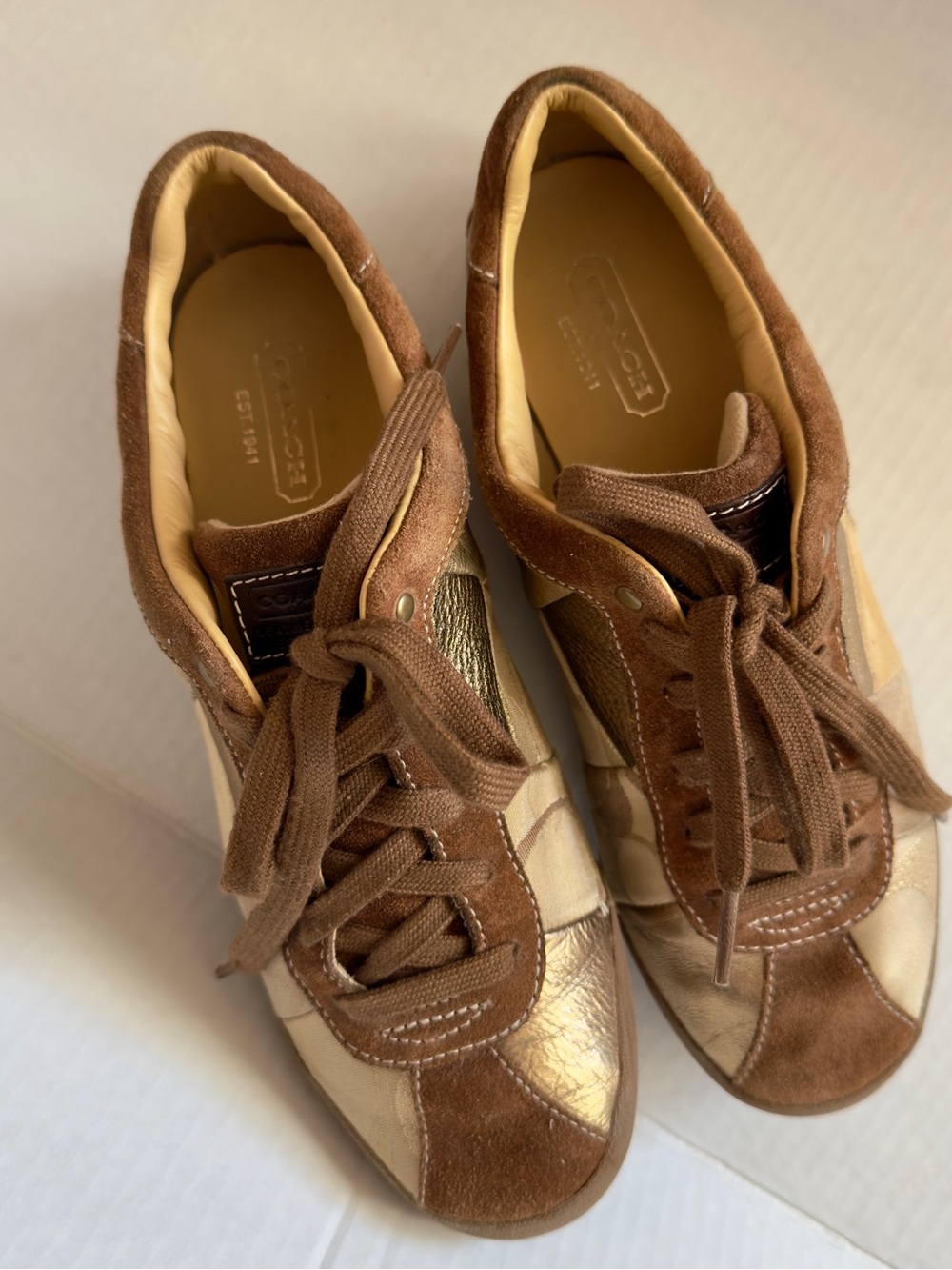 Coach Pam A1118 Brown Gold Patchwork Suede Leather Sneakers Women’s Size 9